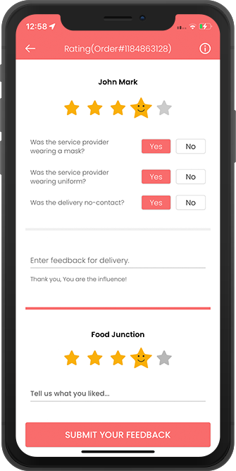 driver rate & review to customer & restaurant