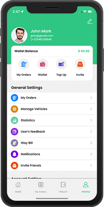delivery driver app menu