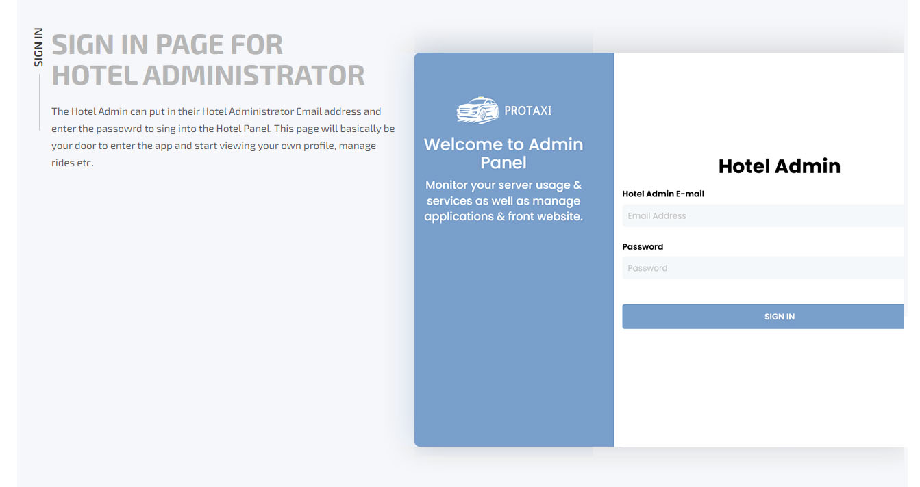 Hotel Panel for Taxi Booking App