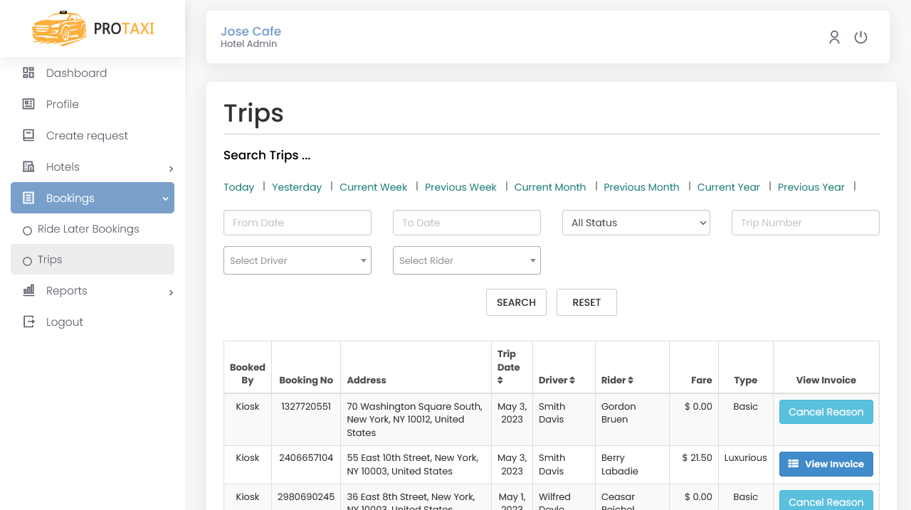 Trips listing