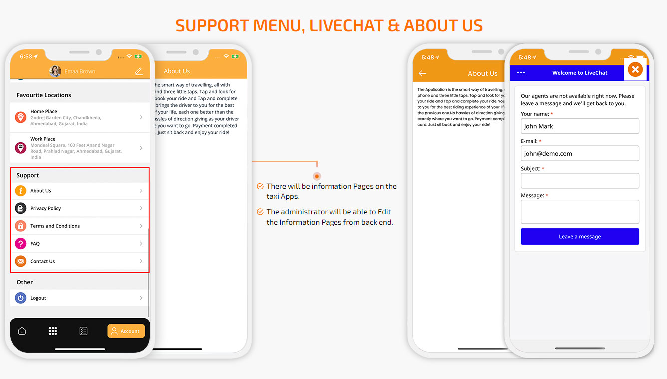 support menu & live chat