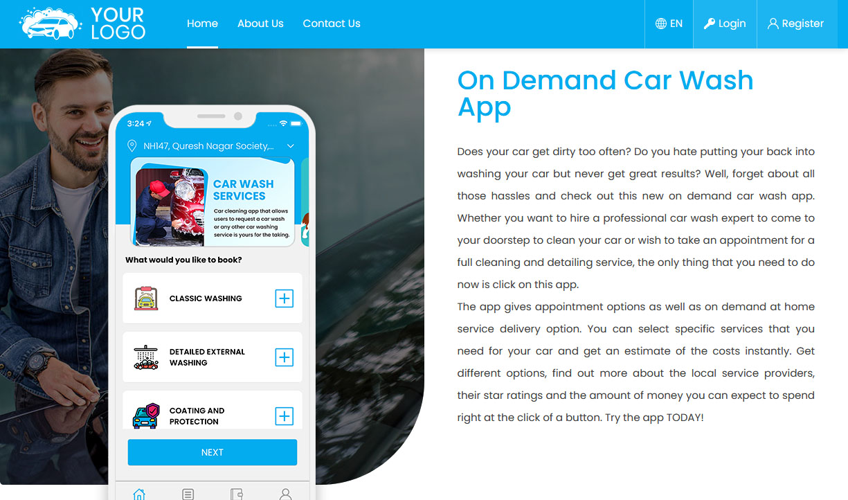 On demand car wash app, Mobile car detailing app, Washos clone