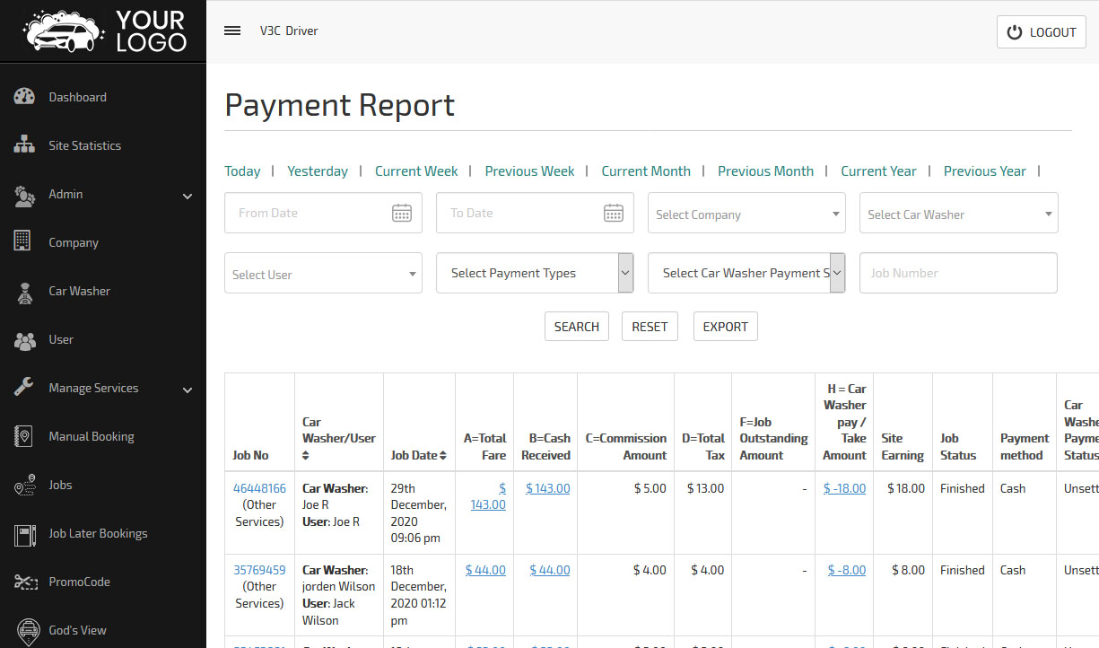 car washer payment reports