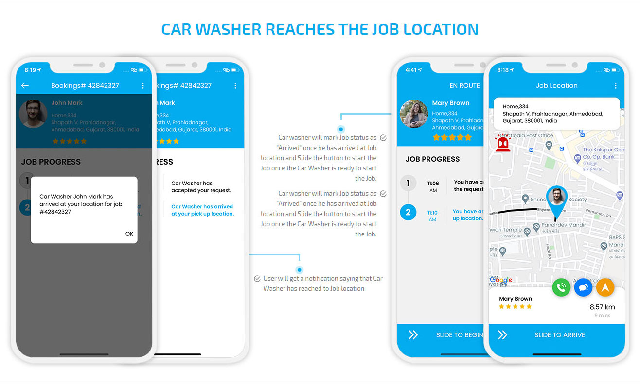 car washer reaches job location