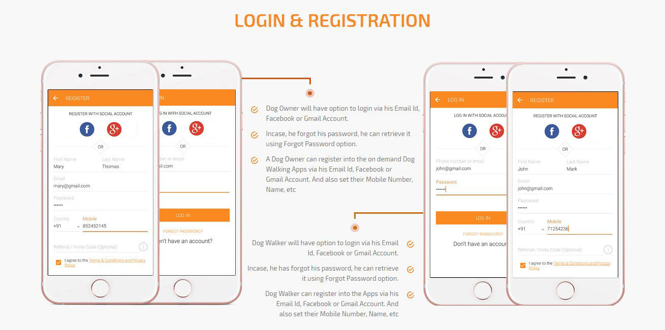 dog owner and dog walker login/registration screen