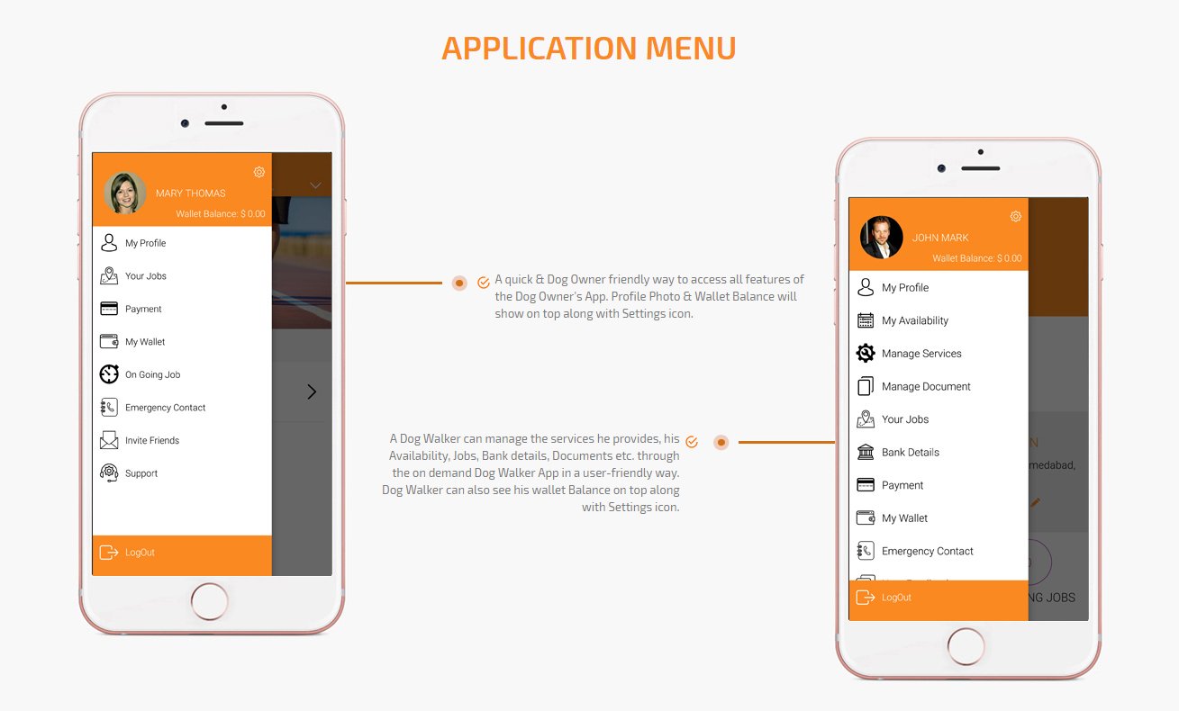 on demand dog walking app menu screen