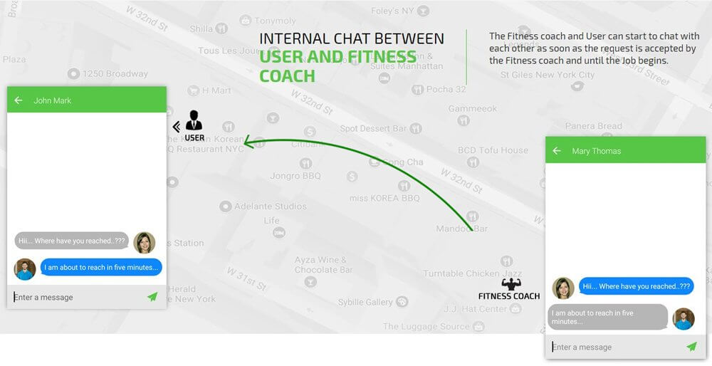 Internal chat feature in user and fitness coach chat screen