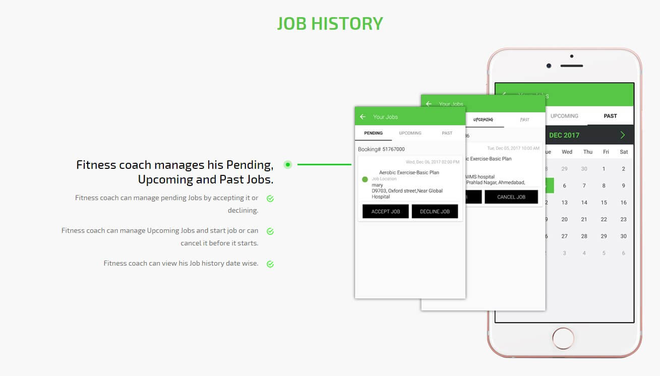 on demand fitness-coach app job history screen