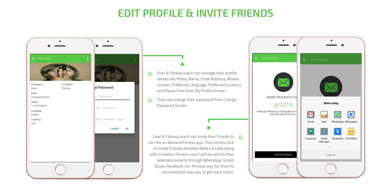 client and fitness-coach edit profile and invite friends to join app
