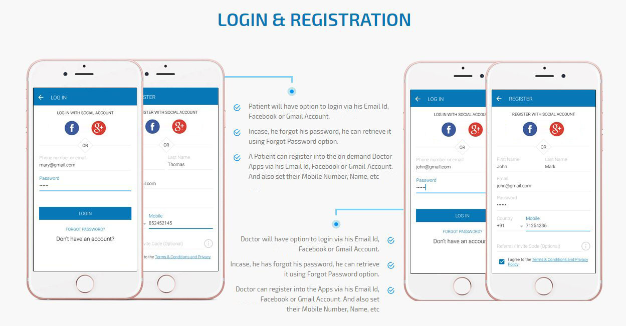 patient and physiotherapist app login/register screen