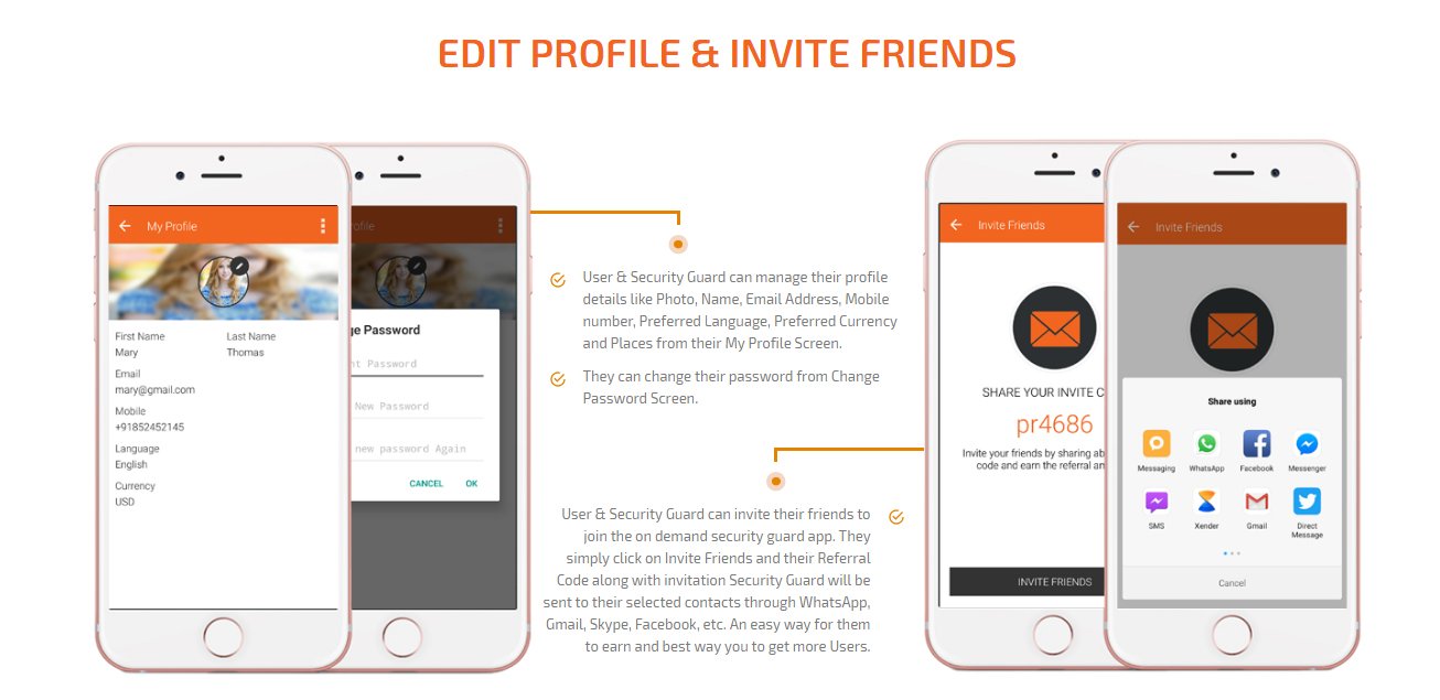user and security guard edit profile and invite friends to join app
