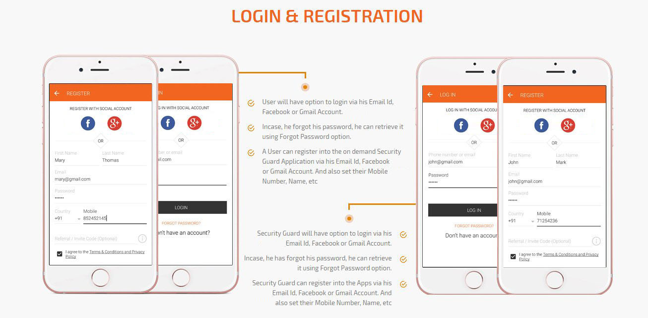 user and security guard login/registration screen