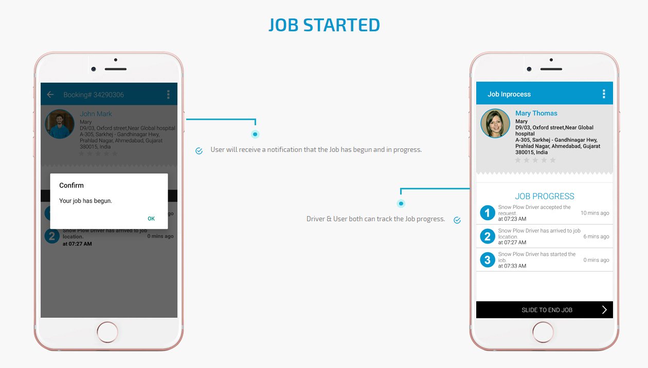 User and Snow removal driver job started screen
