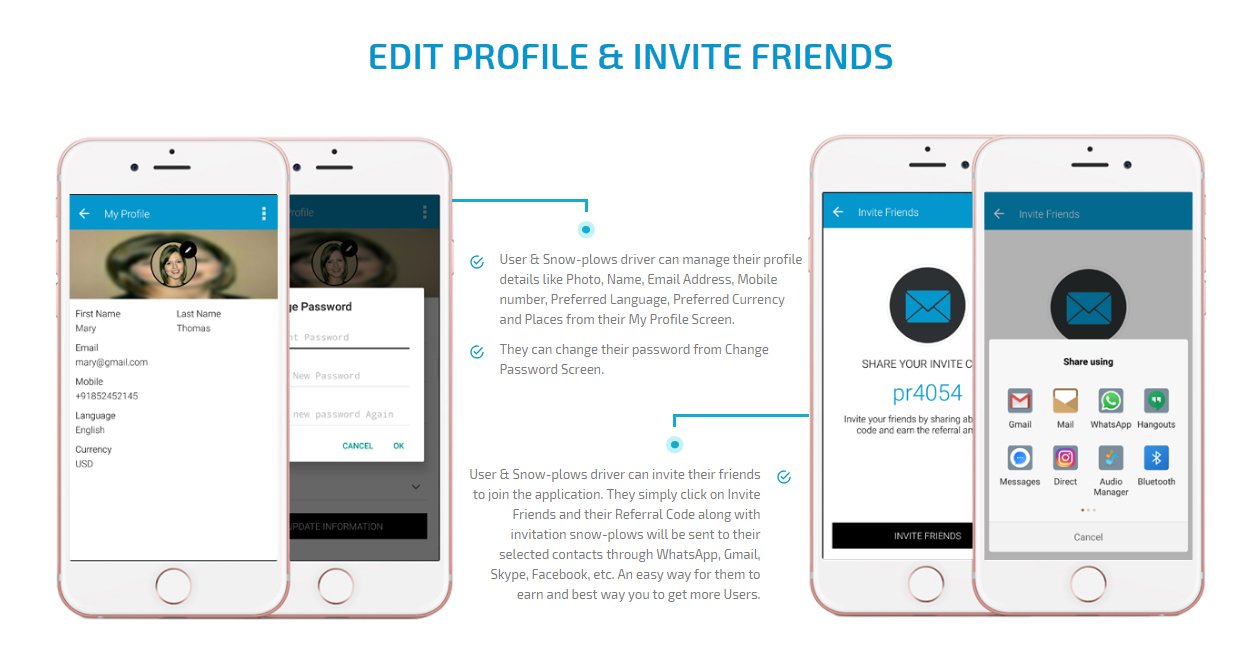 User and Plow driver edit profile and invite friends to join app