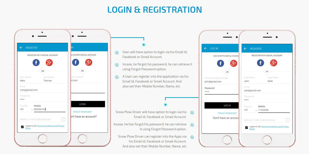 User and Snow plow driver login/registration screen