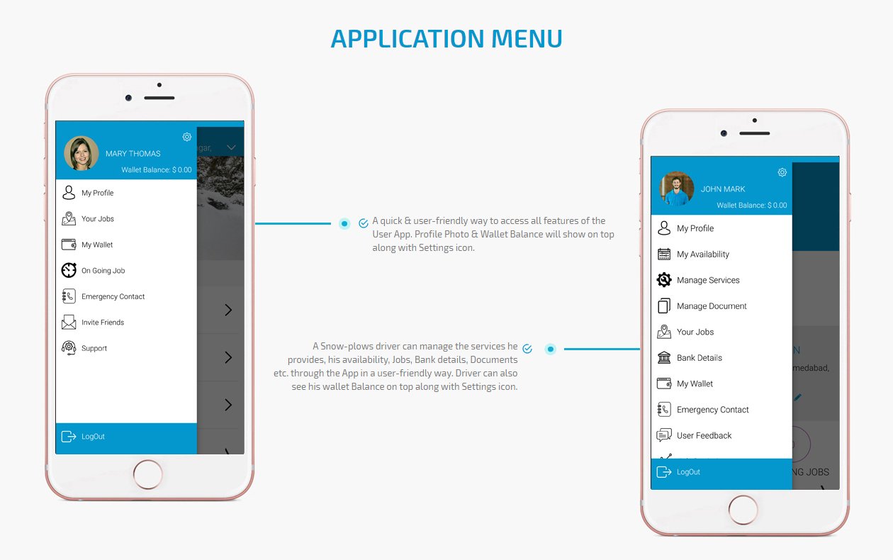 On Demand Snow removal App Menu Screen