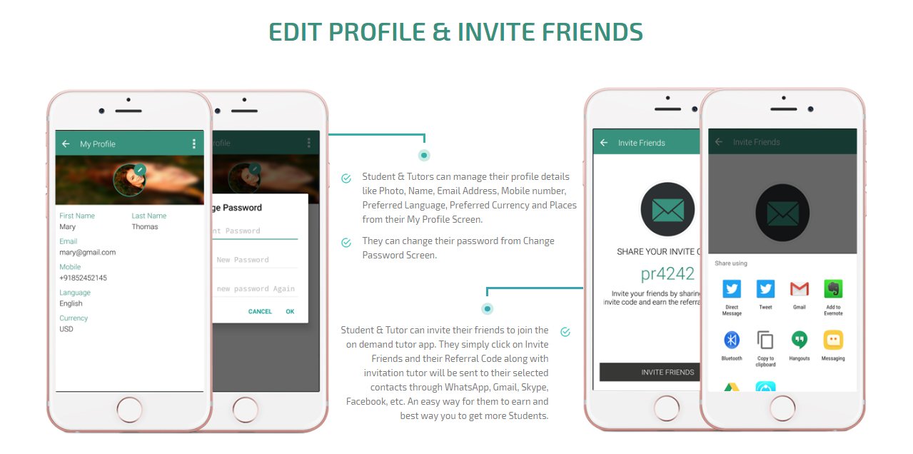 client and tutors edit profile and invite friends to join app