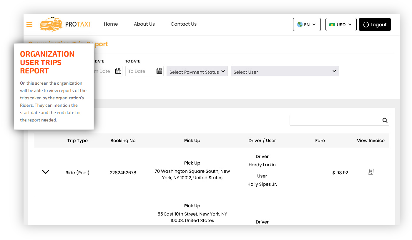 organization user trips report