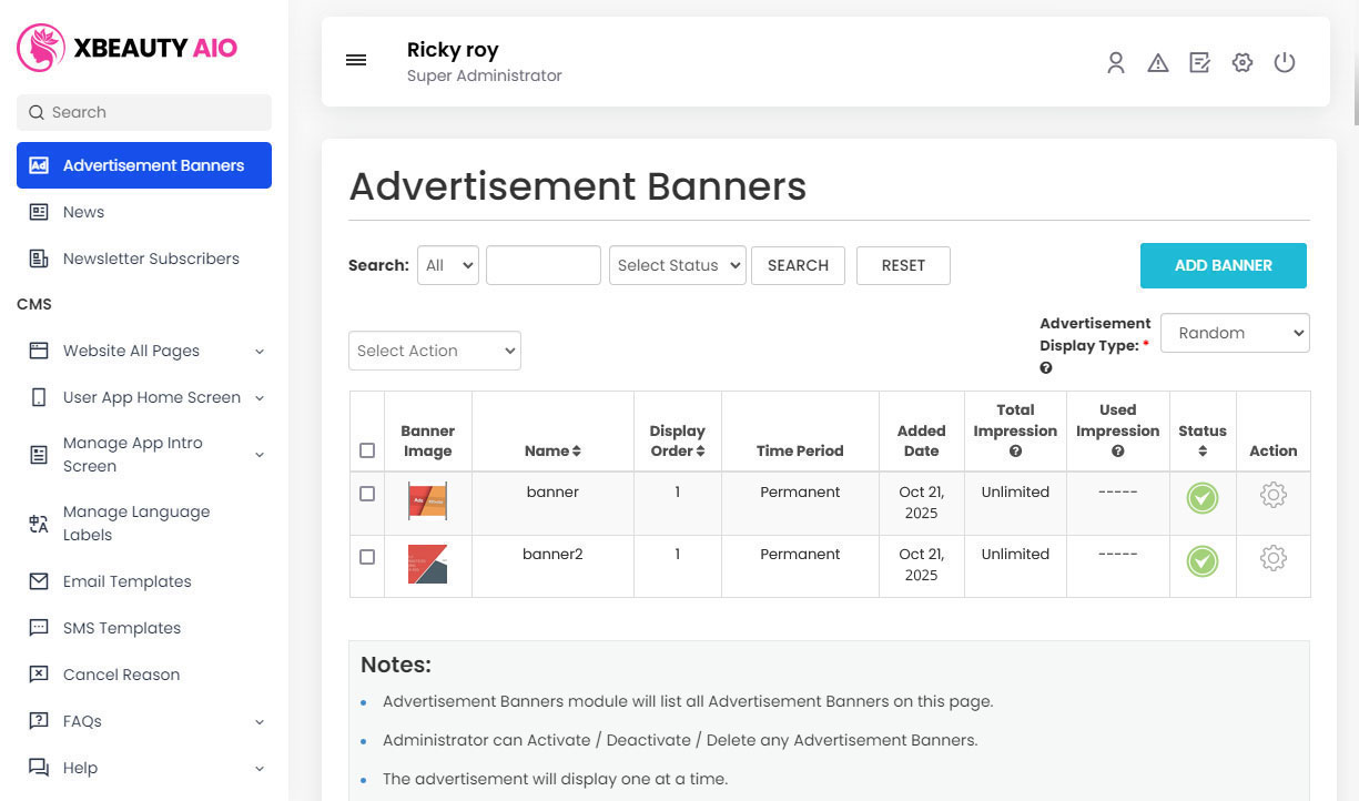 Manage Advertisement Banners