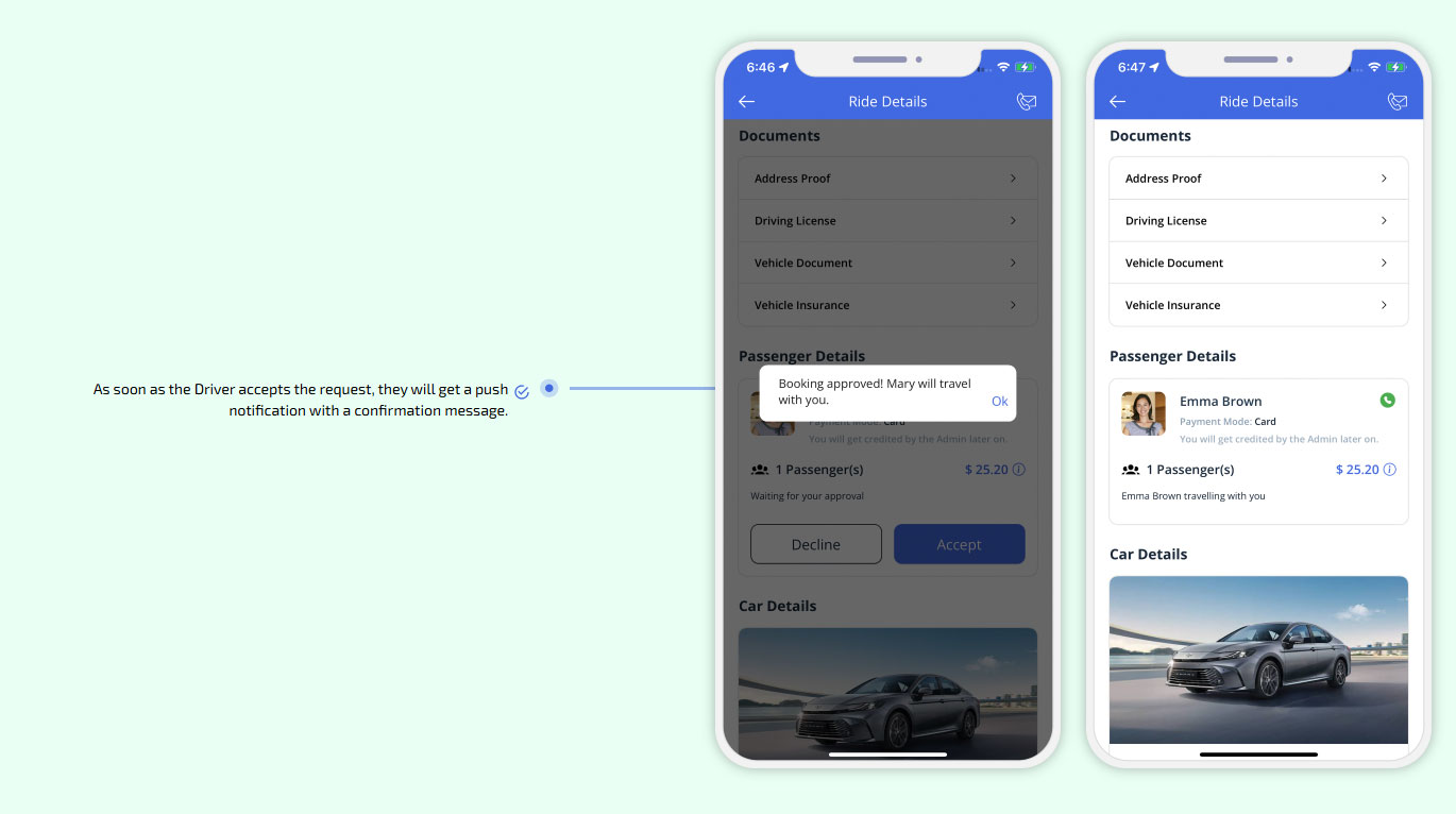 As soon as the Driver accepts the request, they will get a push notification with a confirmation message.