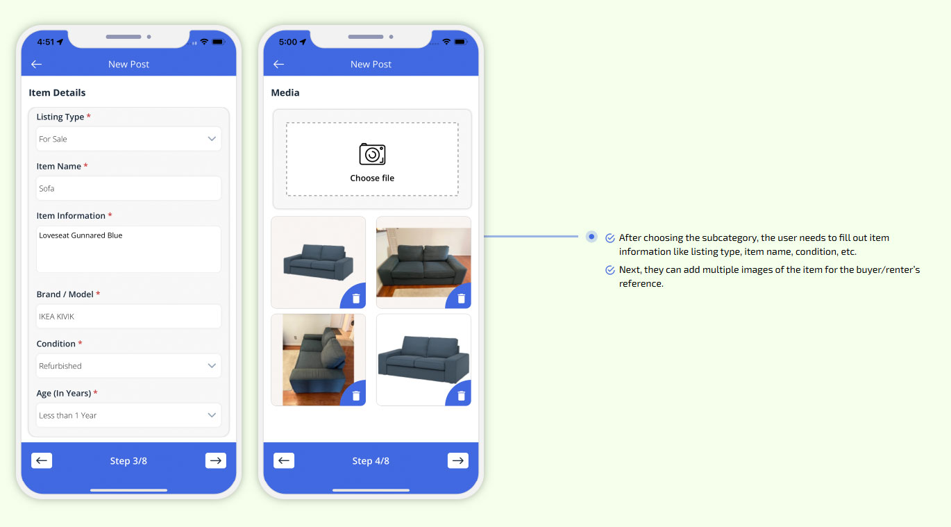 the user needs to fill out item information like listing type, item name, condition, etc.