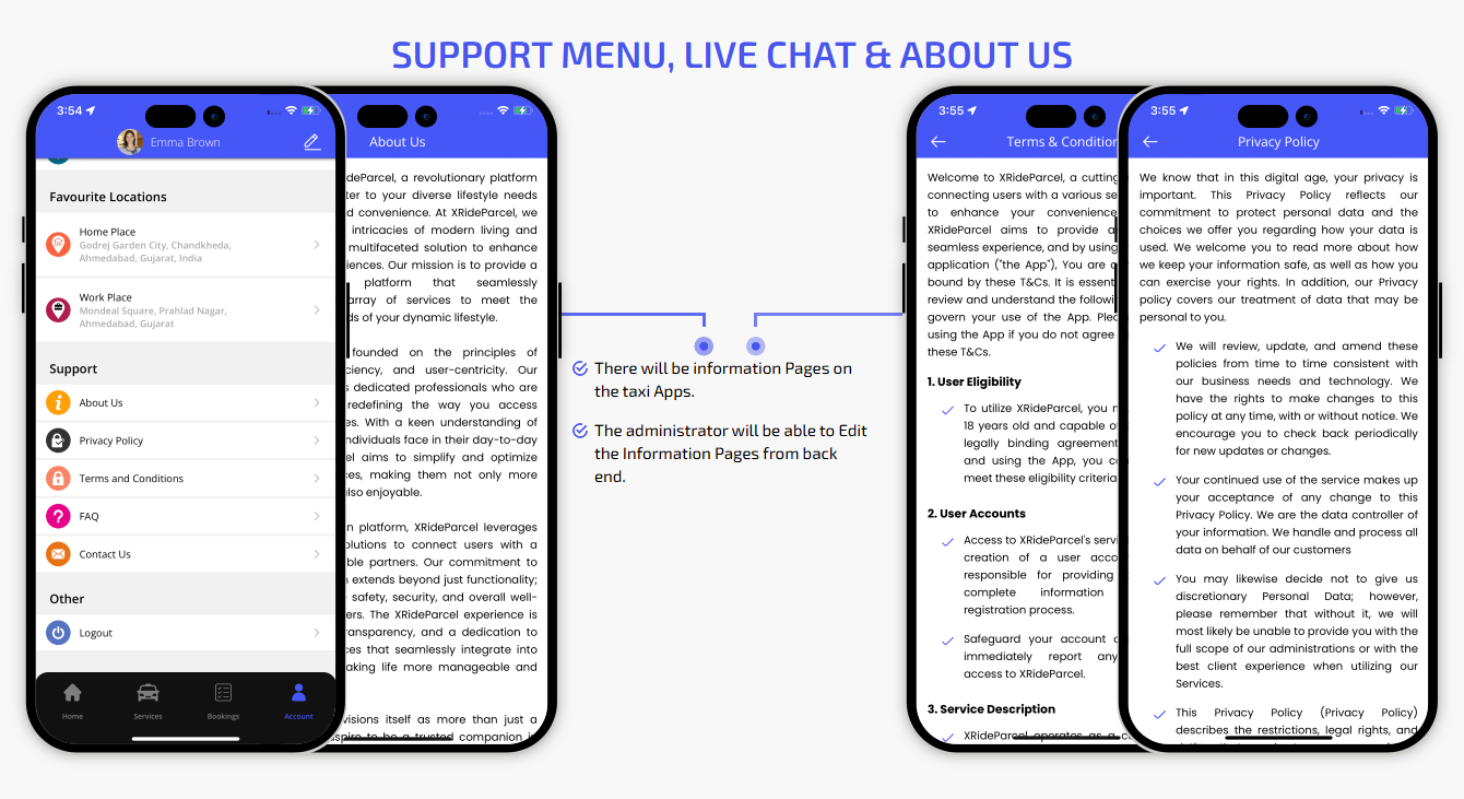 Support Menu, Live Chat & About Us