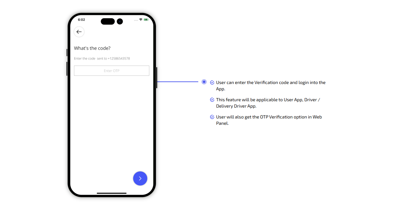 User can enter the Verification code and login into the App.